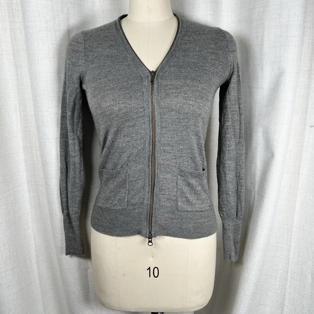 Vintage J Crew Full Zip Cardigan Sweater Grey Small Wool Blend Grandpa Style